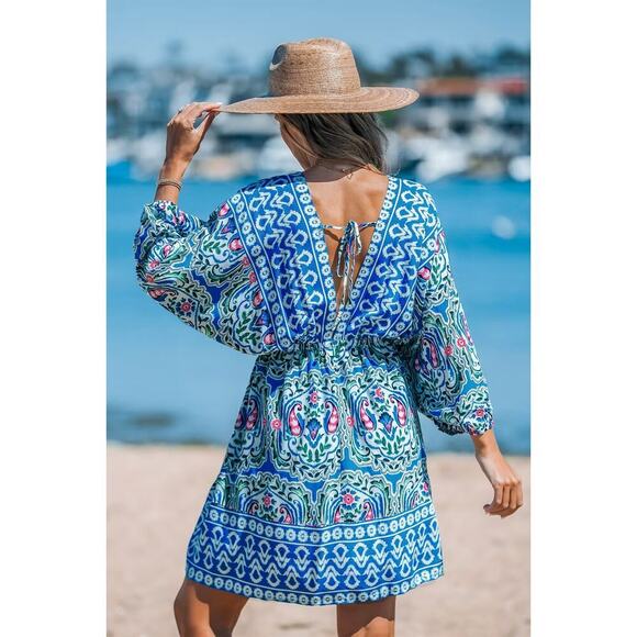 Cupshe Blue Boho Paisley V-Neck Puff Sleeve Mini Dress/Swimsuit Cover Up ~ NEW - Picture 5 of 11